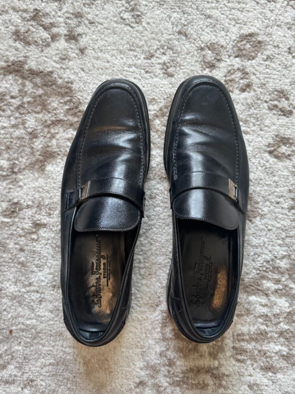 Salvatore Ferragamo Men's Black Leather Slip-On Loafers with Silver Bit Size 11